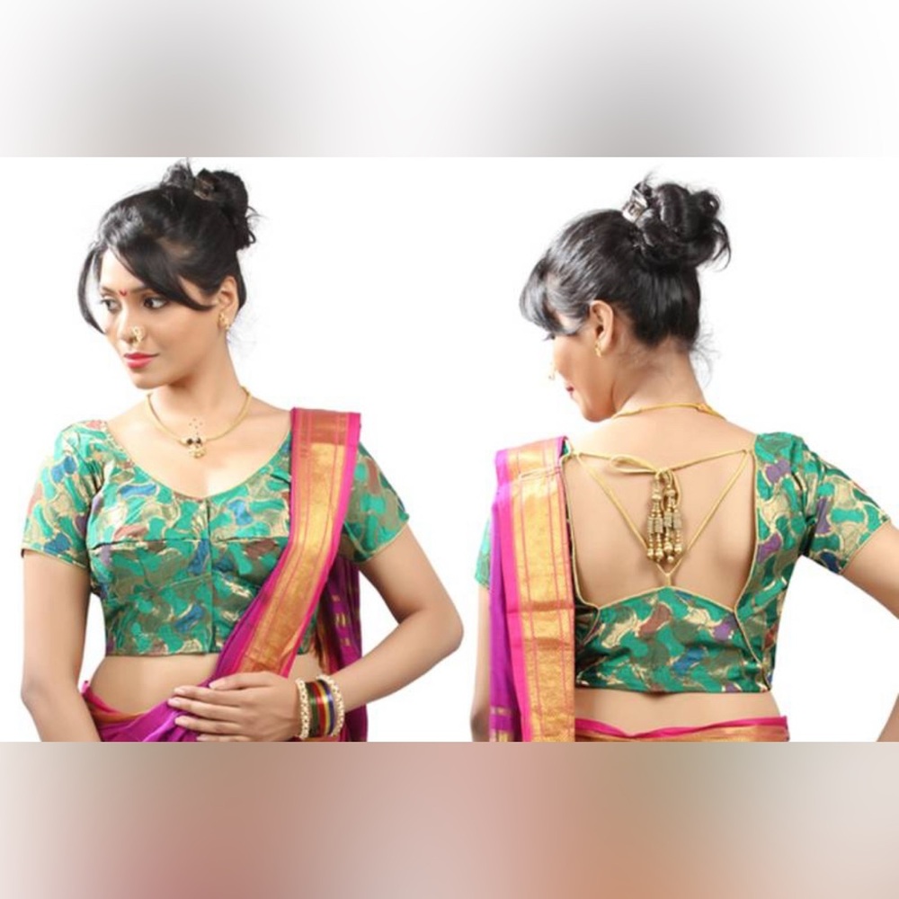 Beautiful Indian Handloom Silk Padded Sari Saree Blouse Choli Top Dark Green